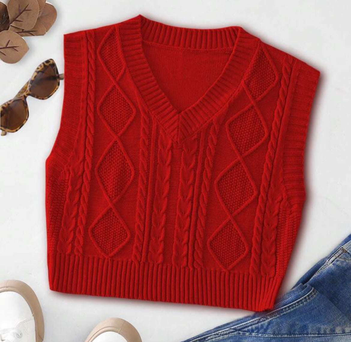 Red Crop Sweater Vest