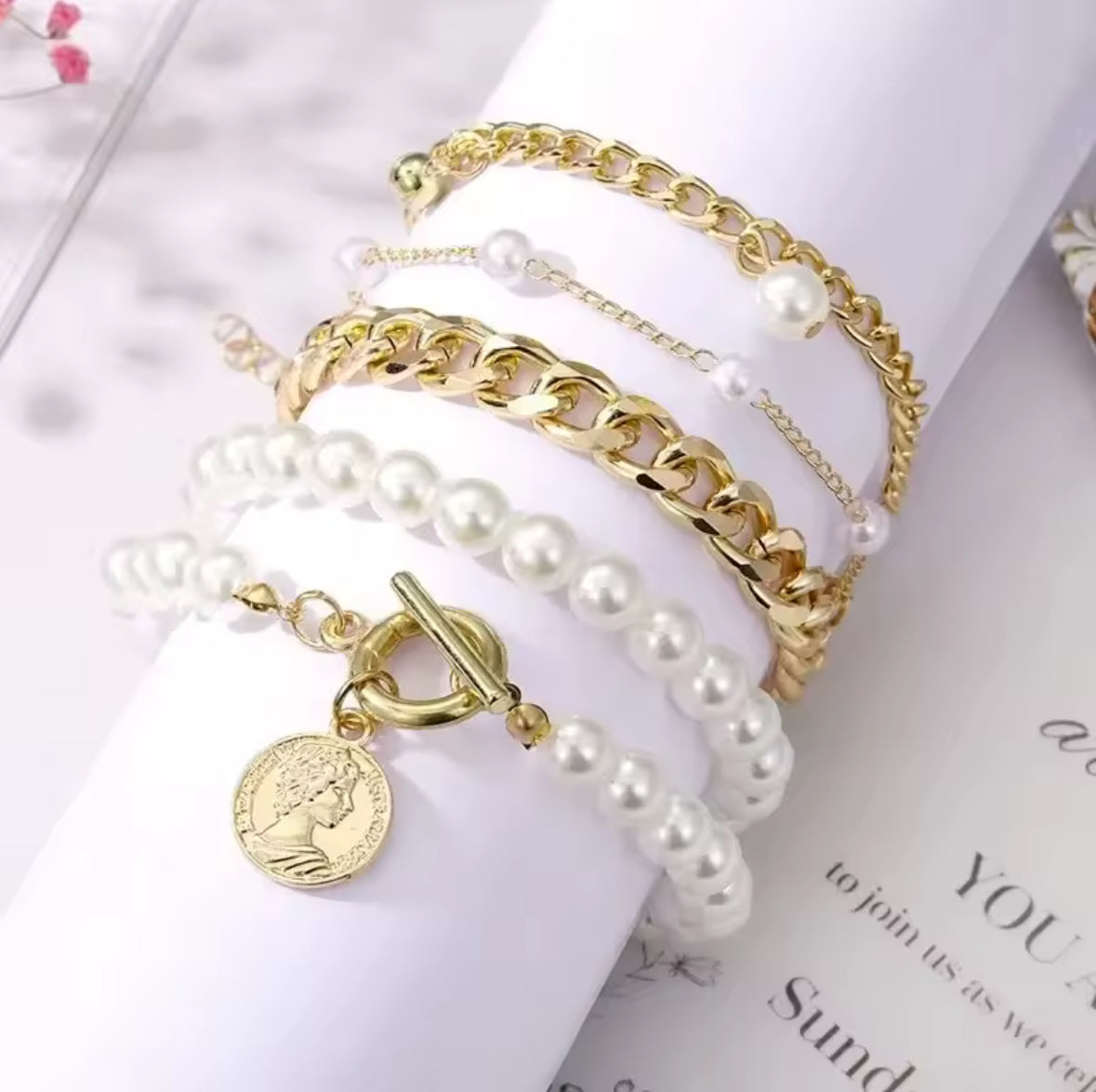 Gold Perl Bracelet Set